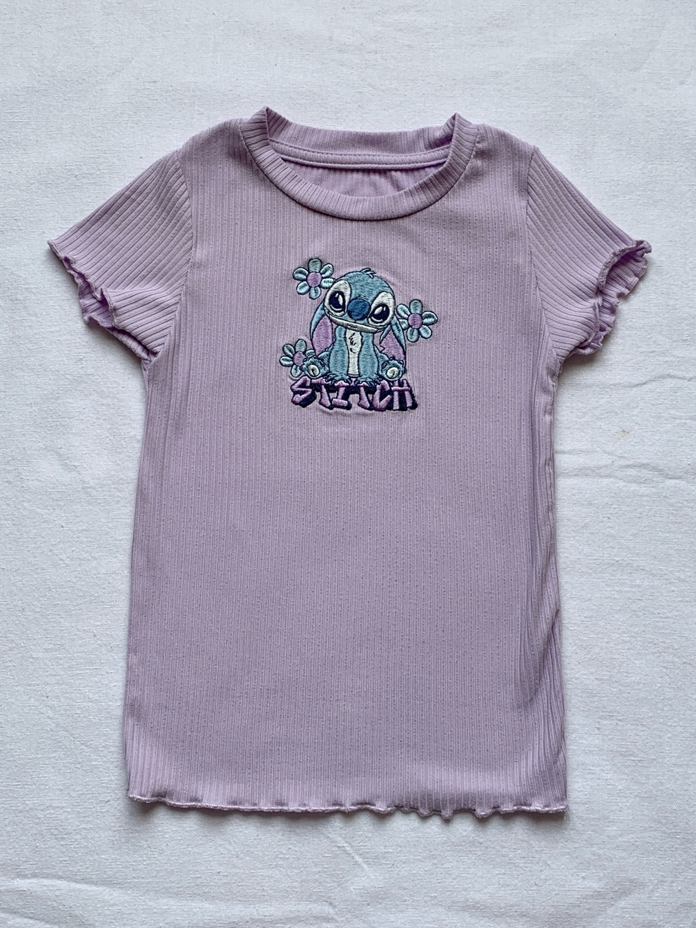 Disney Stitch Embroidered Lavender Light Purple Ribbed Short Sleeve Tee Shirt 4